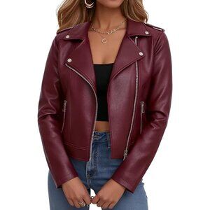 Women's Maroon Faux Leather Cropped Coat Cute Short Zip Up Casual Jacket